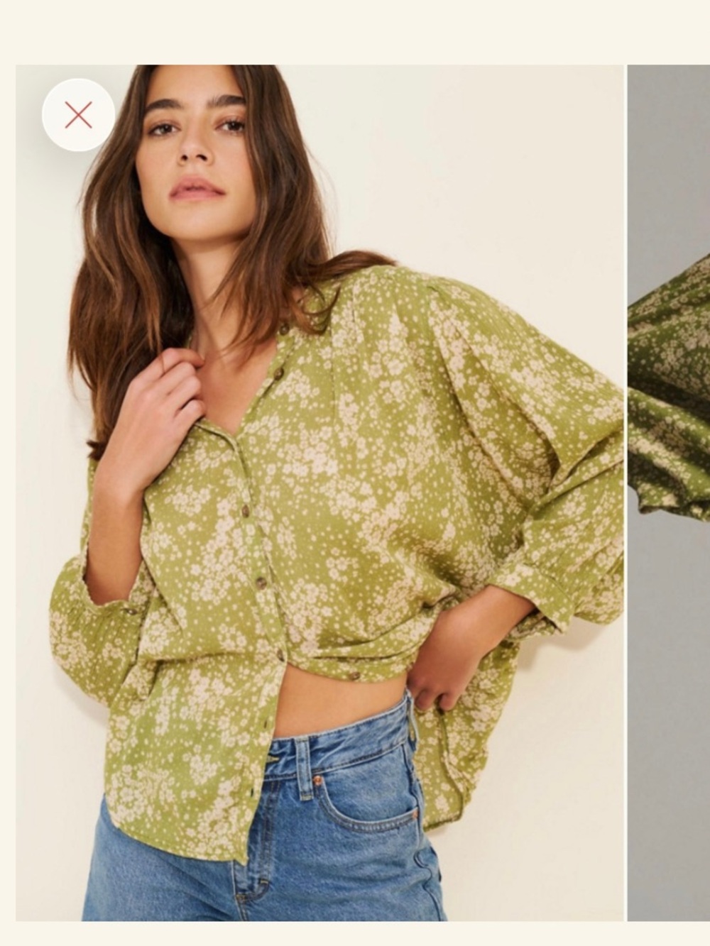 Anthropologie Olive Green and Cream Floral Button-Down Shirt